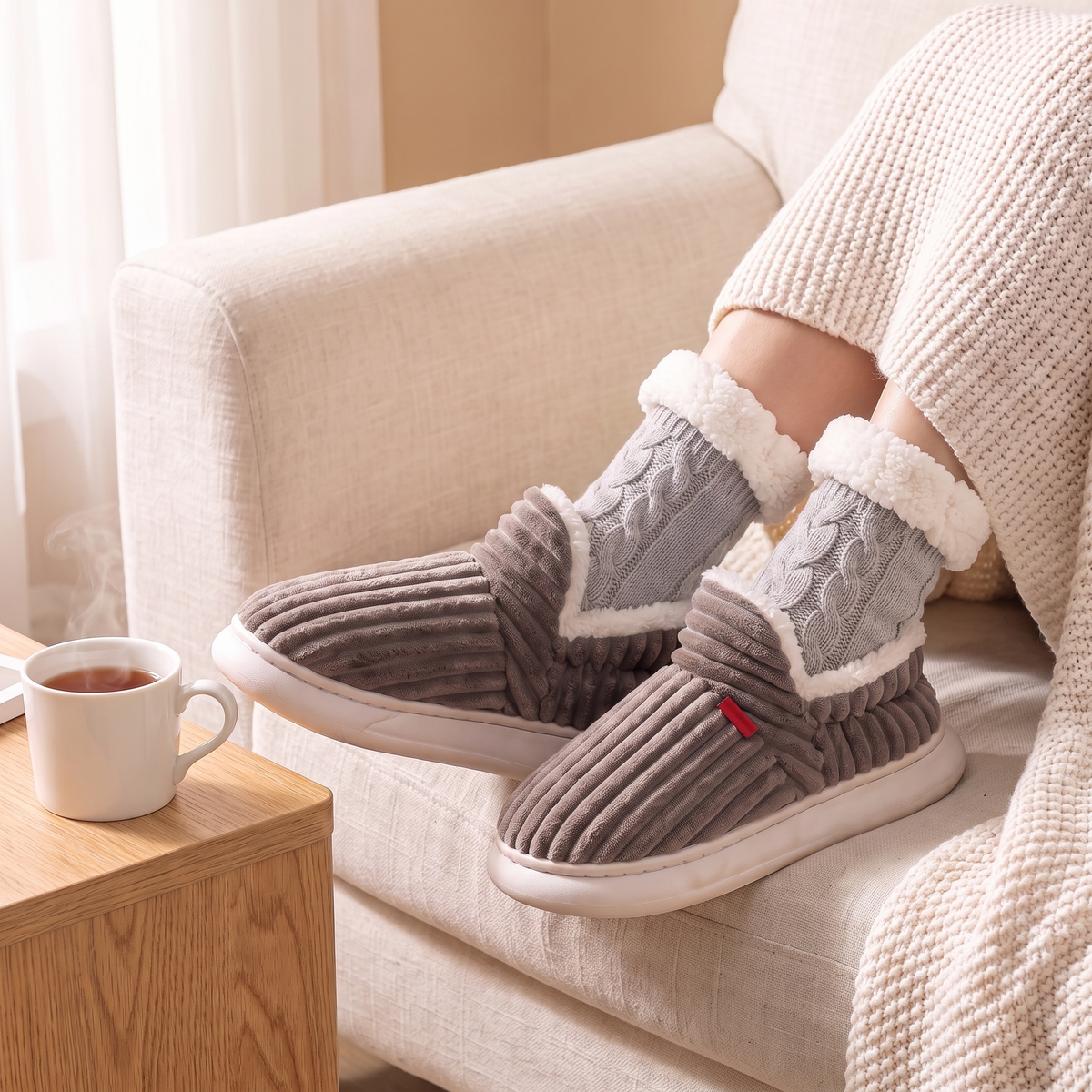 Chaussons Cocon et chaussettes torsadées portés sur un canapé