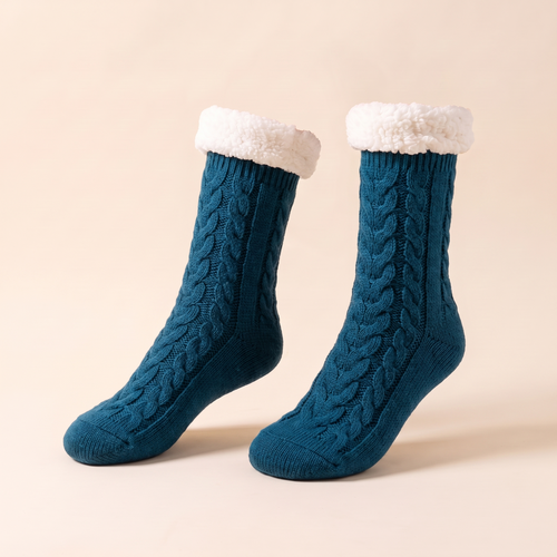 Chaussettes torsadées doublées sherpa – Bleu pétrole