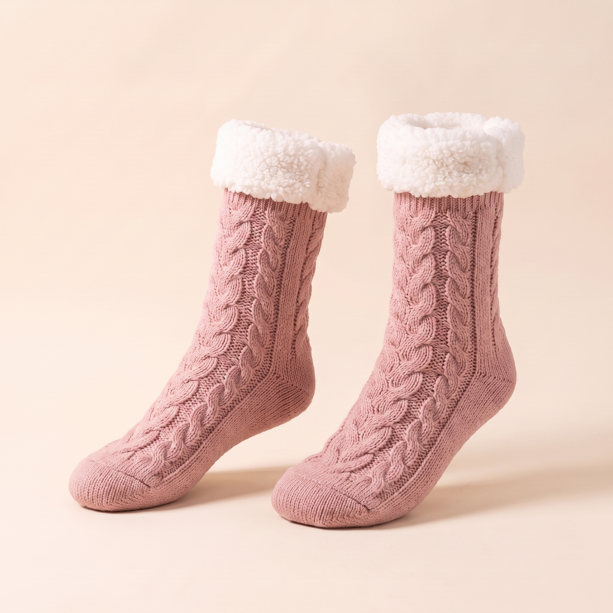 Chaussettes torsadées doublées sherpa – Rose poudré