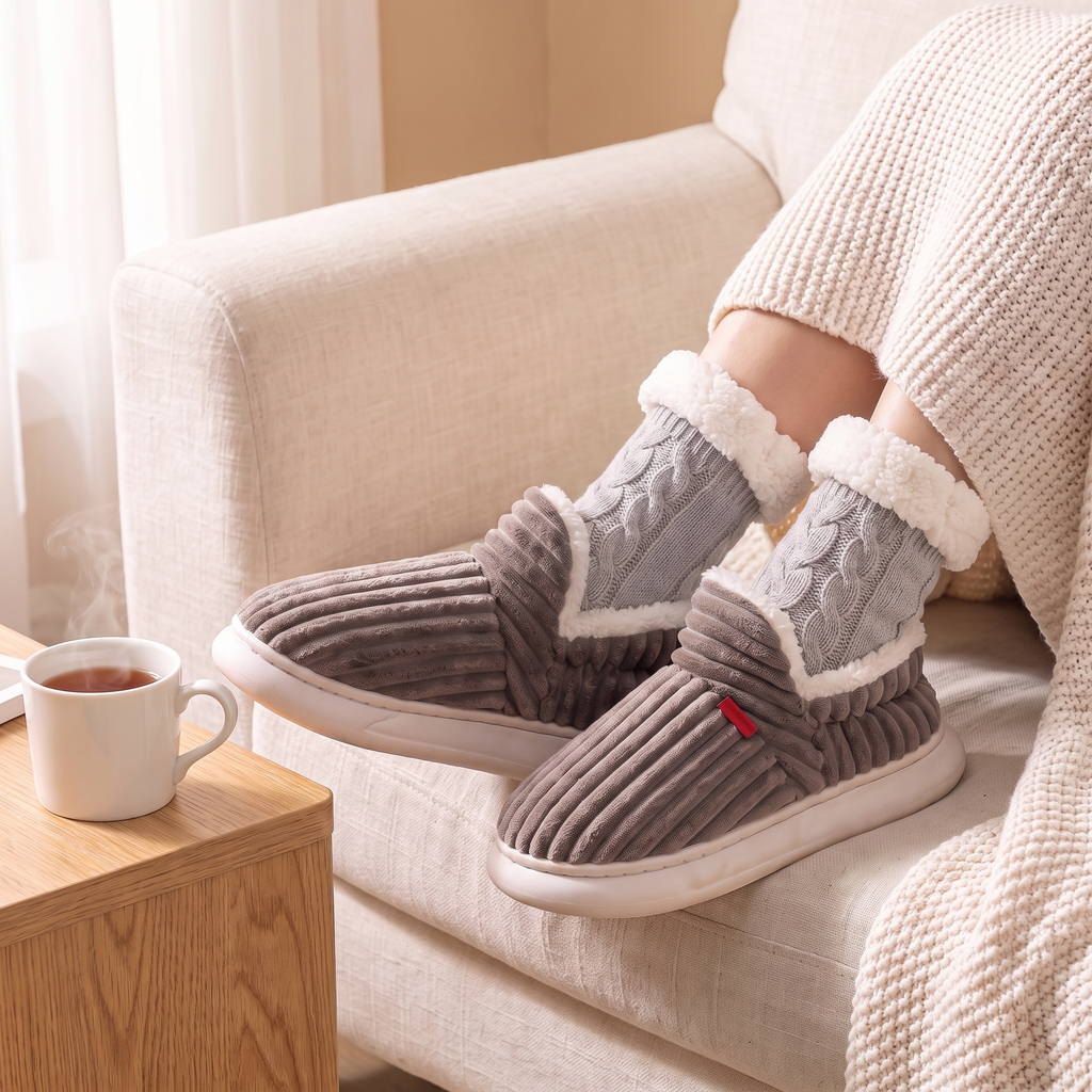 Cocon Damen-Hausschuhe in Taupe mit Zopfmuster-Socken in Grau, auf dem Sofa getragen (separat erhältlich)