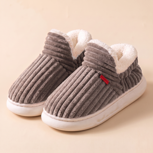 Chaussons Cocon Femme en velours côtelé – Taupe, doublure façon fourrure