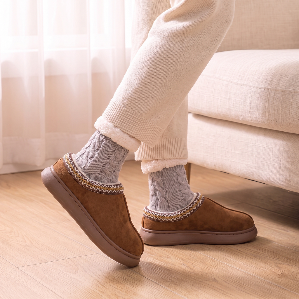Nordique Damen-Hausschuhe in Braun beim Gehen, mit grauen Zopfmuster-Socken (separat erhältlich)