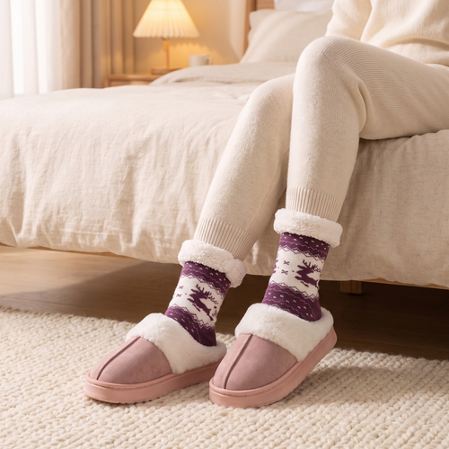 Chaussons Câlin Rose poudré et chaussettes Polaires Prune portés au bord du lit (vendus séparément)
