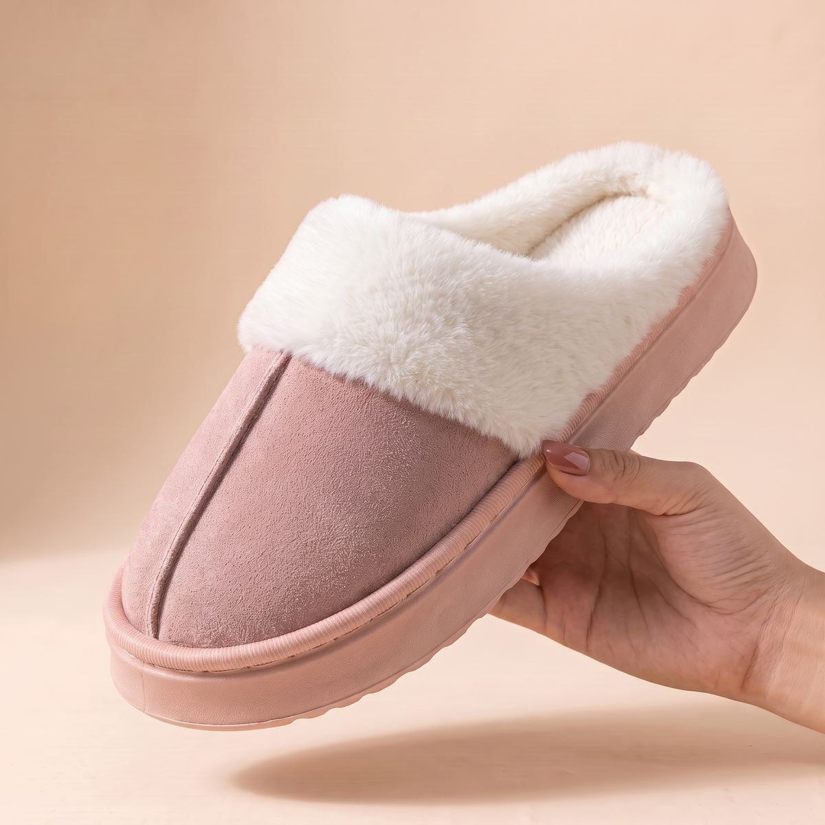 Chaussons Câlin Femme Rose poudré : revers en fausse fourrure et semelle épaisse