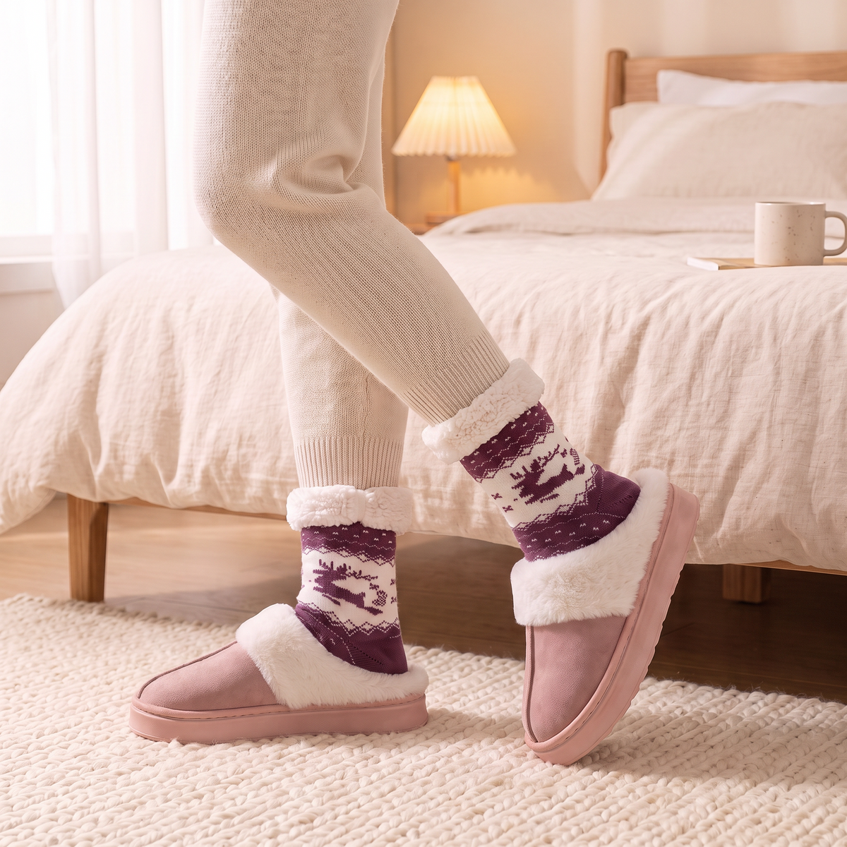 Chaussons Câlin Rose poudré et chaussettes Polaires Prune portés en marchant (vendus séparément)