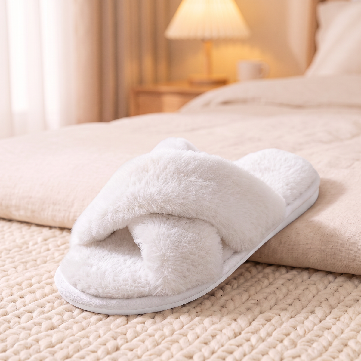 Claquettes Nuage Femme Blanc – gros plan sur la fausse fourrure et les brides croisées