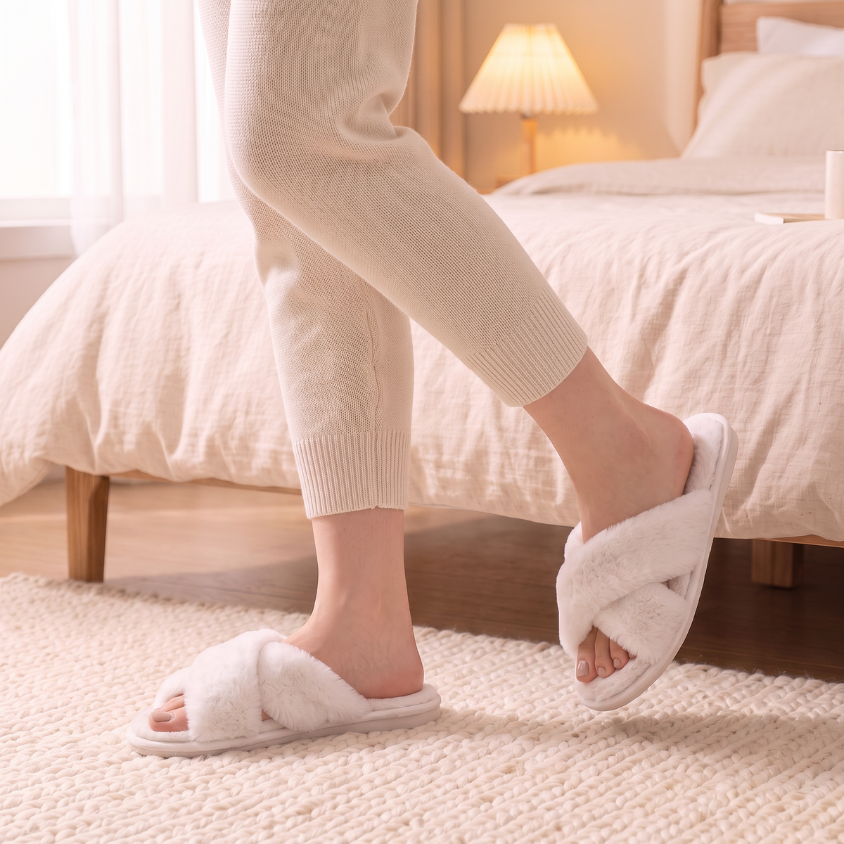 Claquettes Nuage Femme fausse fourrure Blanc portées en marchant
