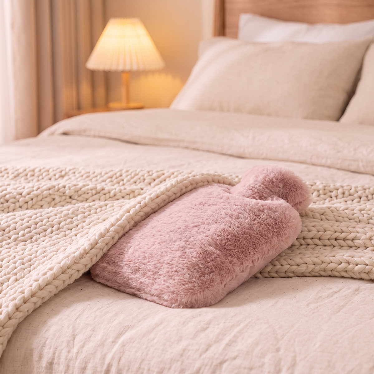 Bouillotte 2 L housse peluche Rose poudré pour réchauffer le lit, sous un plaid
