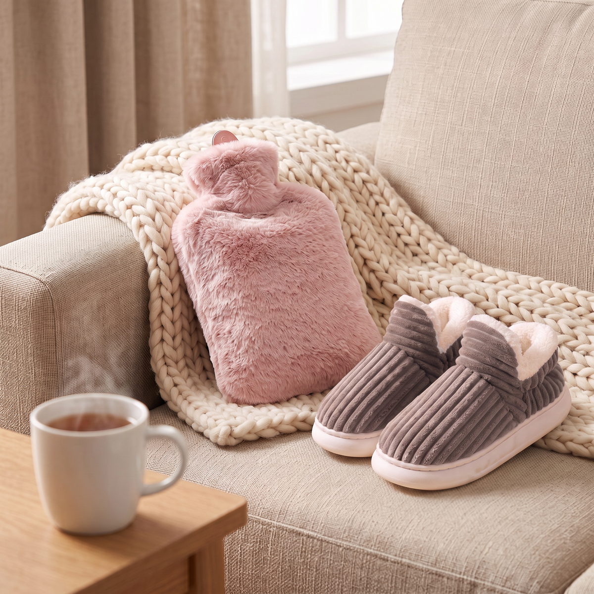 Kit cocooning : bouillotte 2 L housse peluche Rose poudré et chaussons Cocon Femme Taupe sur un canapé (vendus séparément)