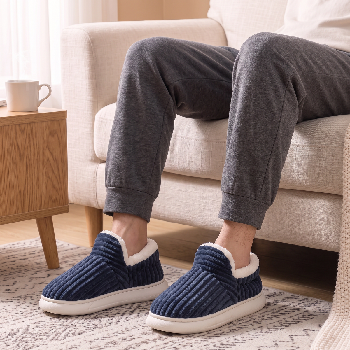 Chaussons Cocon Homme Bleu marine portés au salon