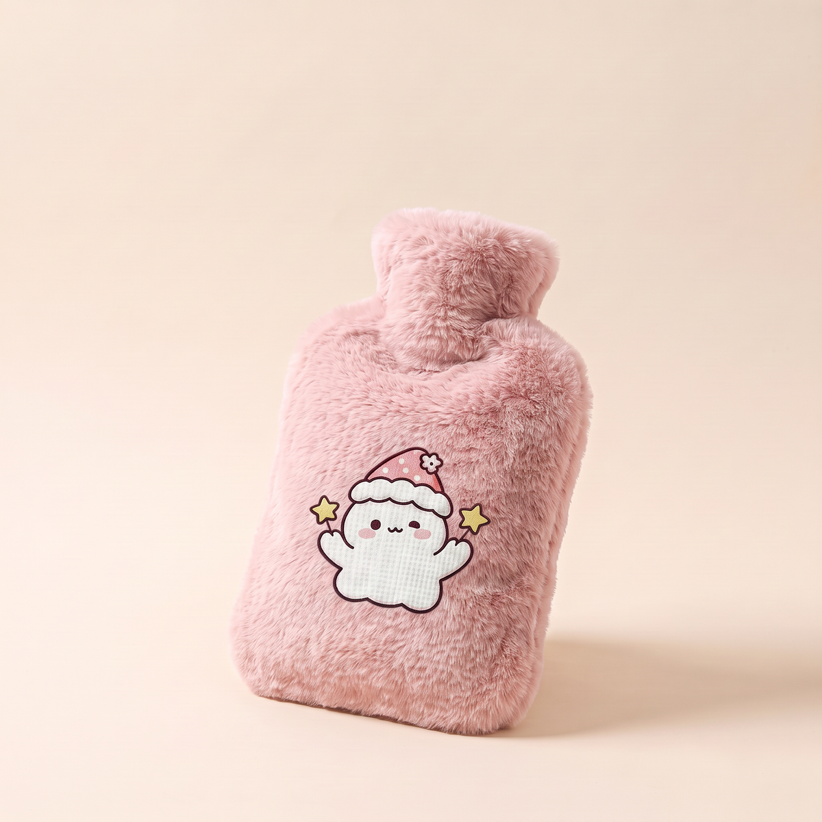 Bouillotte 2 L avec housse en peluche – Rose Fantôme (motif petit fantôme brodé)