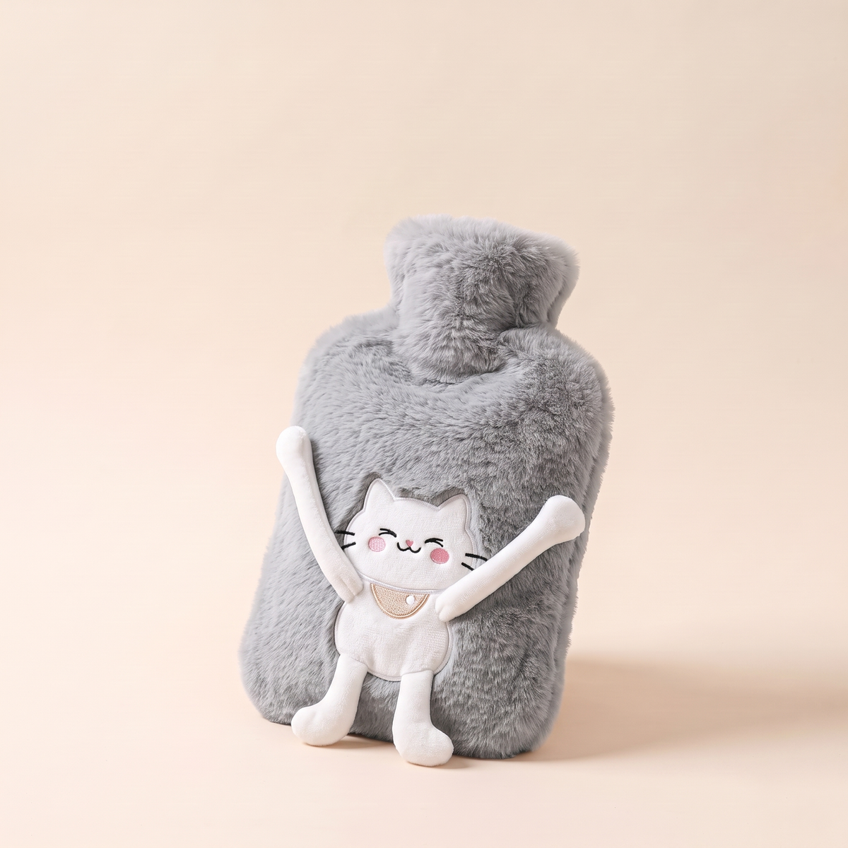 Bouillotte 2 L avec housse en peluche – Gris Chat câlin (chat à grands bras)