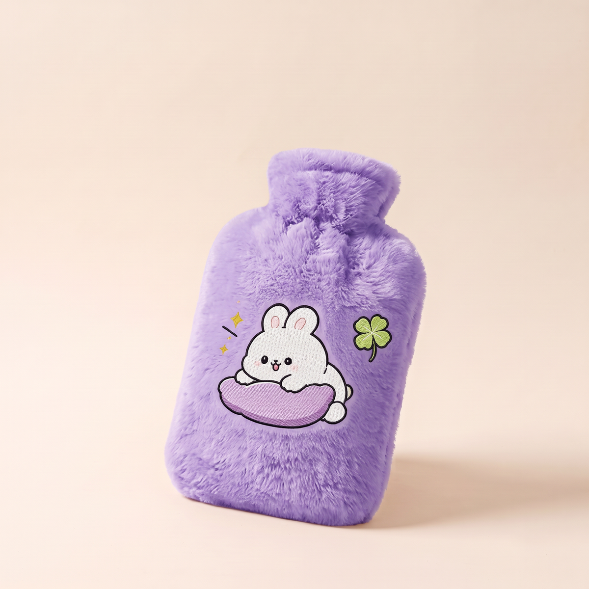 Bouillotte 2 L avec housse en peluche – Lilas Lapin trèfle (lapin et trèfle brodés)