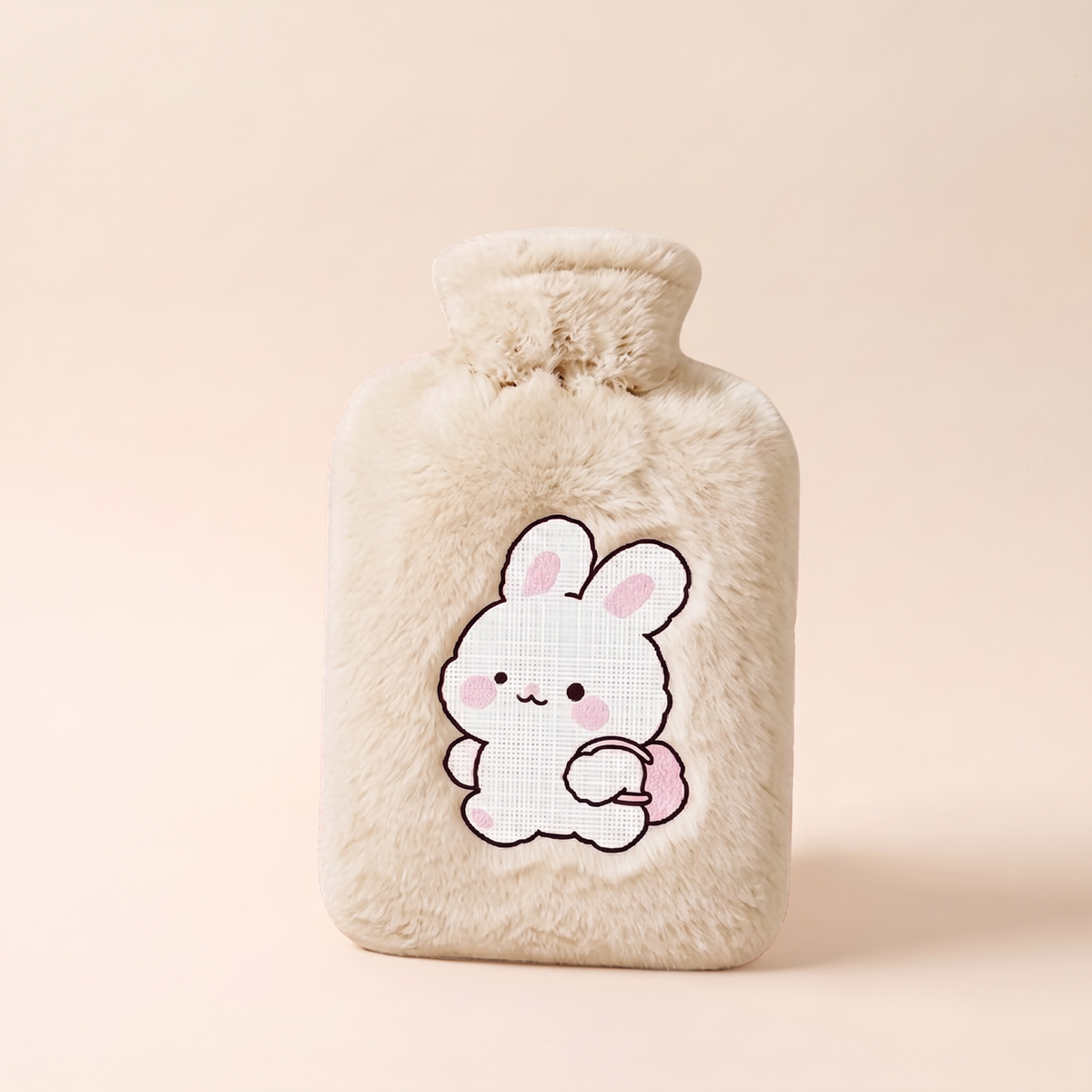 Bouillotte 2 L avec housse en peluche – Beige Lapin (motif lapin brodé)