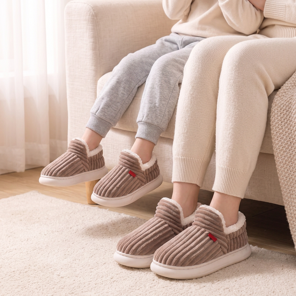 Chaussons Cocon Enfant et Cocon Femme assortis portés en famille sur le canapé – Taupe
