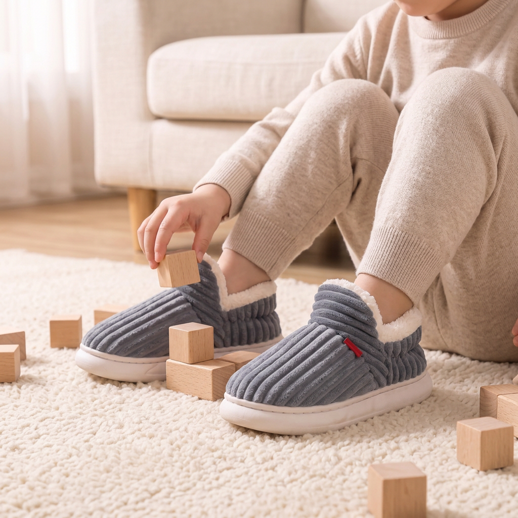 Chaussons Cocon Enfant portés par un enfant qui joue sur le tapis – Bleu gris