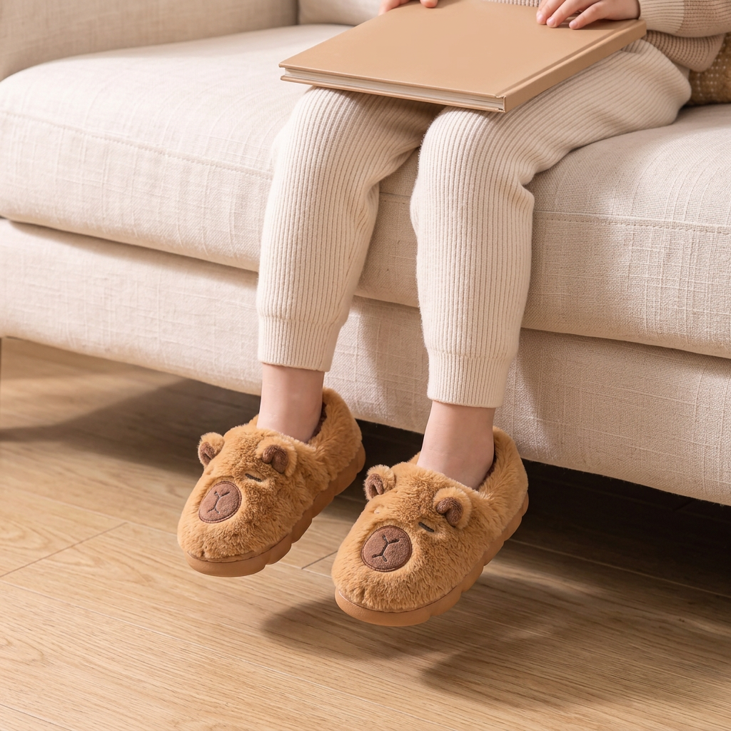 Chaussons Capybara Enfant portés par un enfant assis sur le canapé