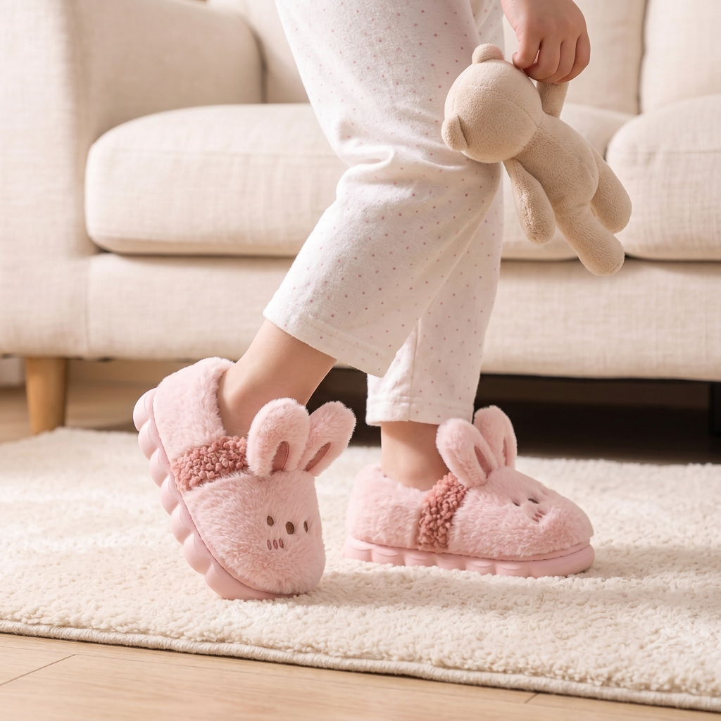 Chaussons Lapin Enfant portés par une petite fille sur le tapis