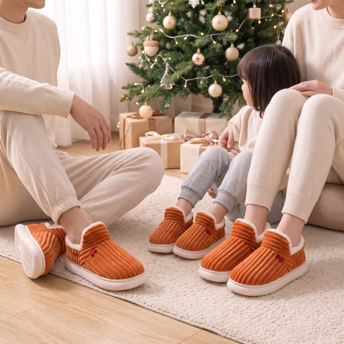 Coffret Famille Terracotta : chaussons Cocon assortis portés en famille devant le sapin