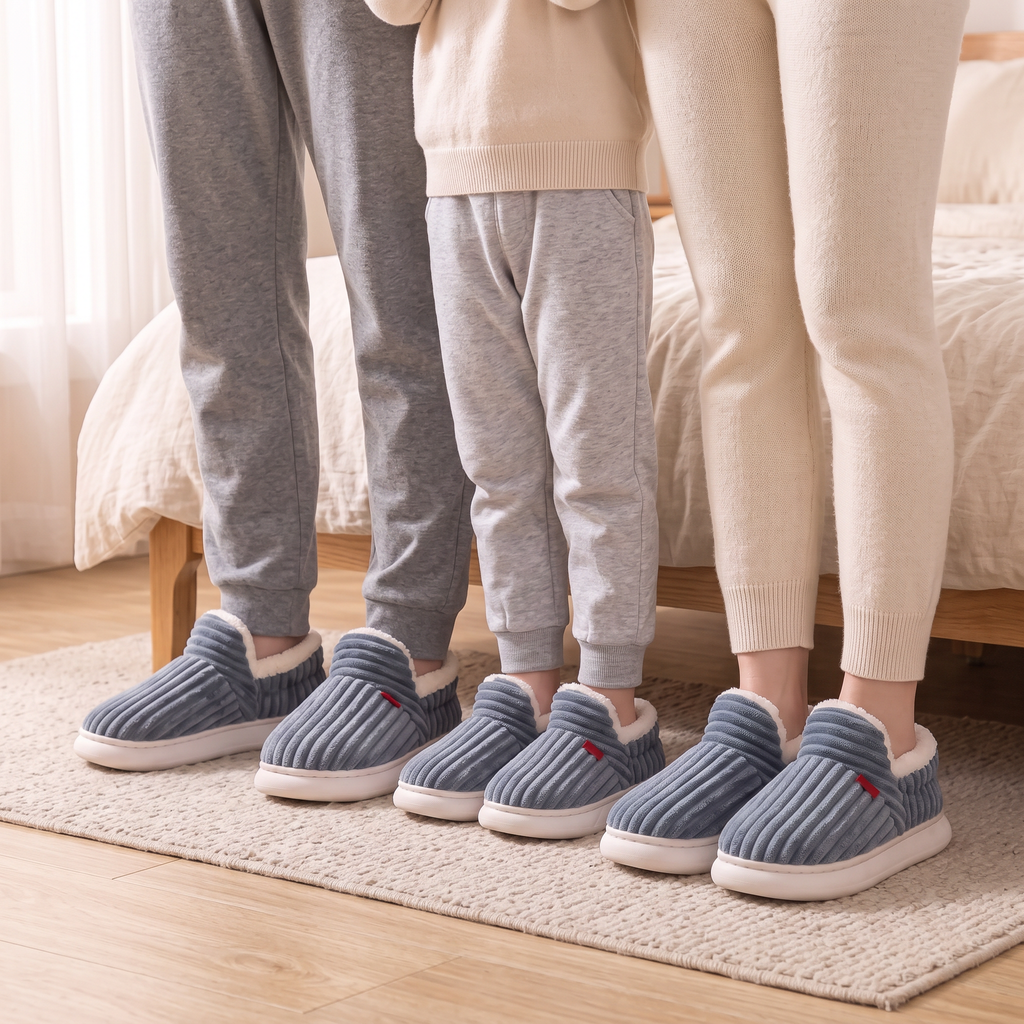 Coffret Famille Bleu gris : chaussons Cocon assortis portés en famille dans la chambre