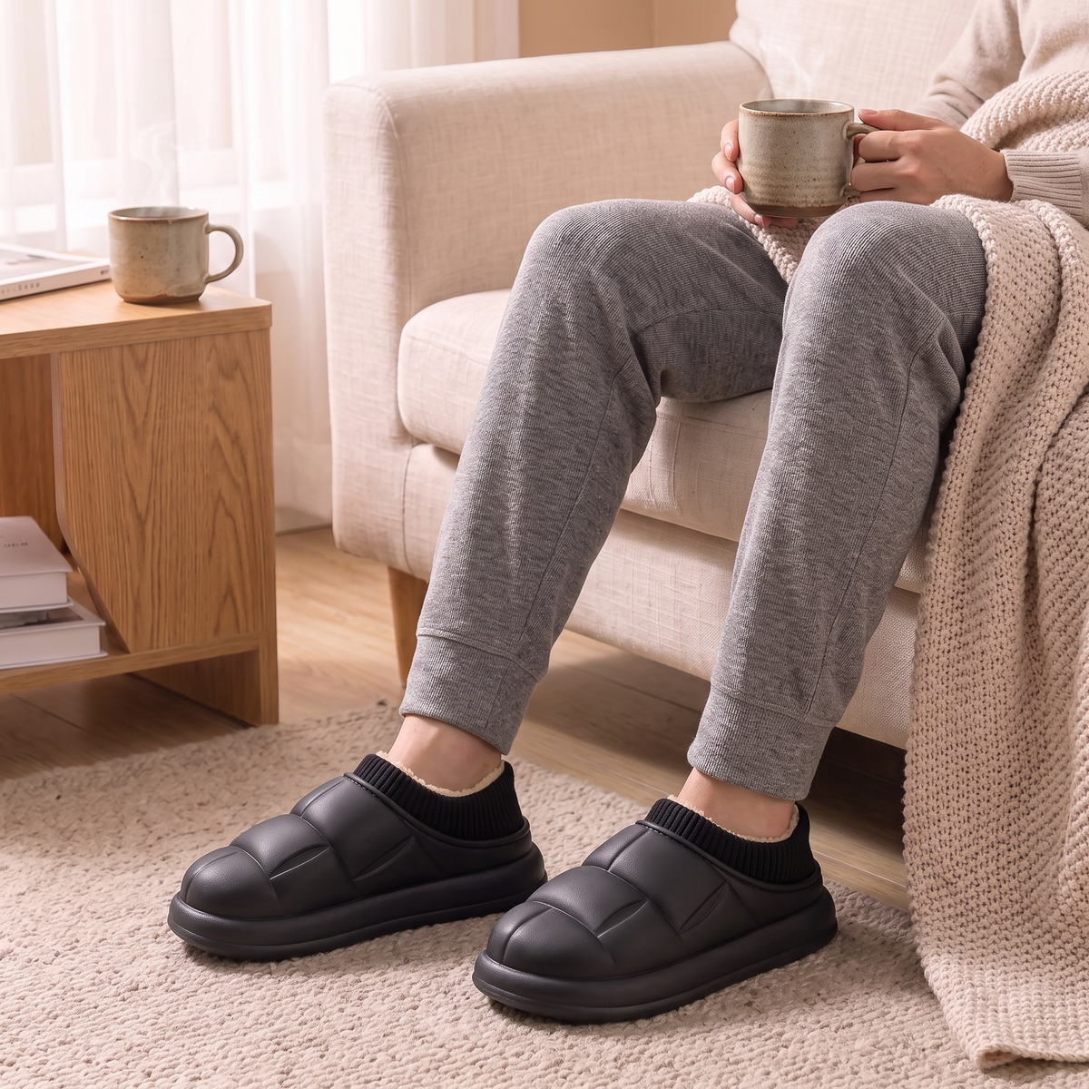 Chaussons Bulle Homme Noir portés au salon